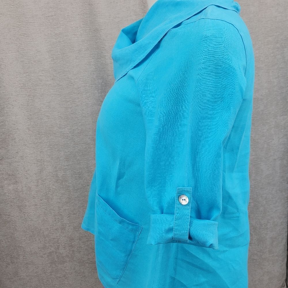 Ali Miles Linen Blue Cowl Neck Tunic Women's Top Roll Tab Sleeves - Picture 6 of 12